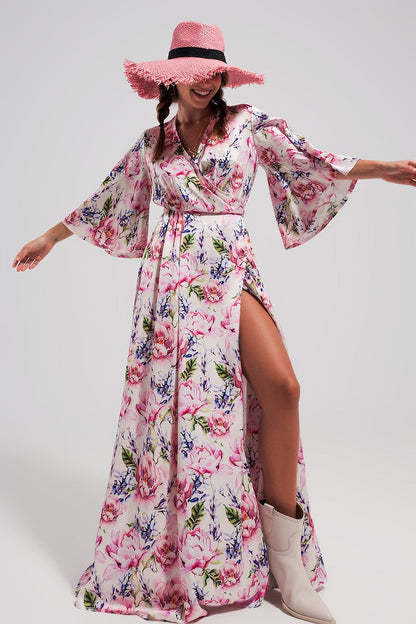 Flutter Sleeve Maxi Dress in Pink Floral Print