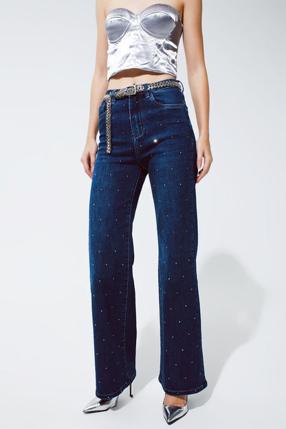 Straight Leg Jeans With Strass Detail in Blue