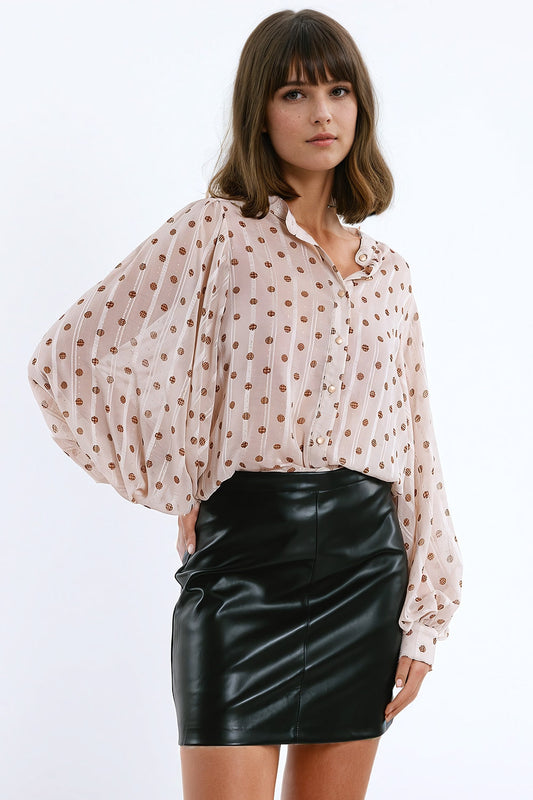 Blouse With Balloon Sleeves and Polka Dots in Beige