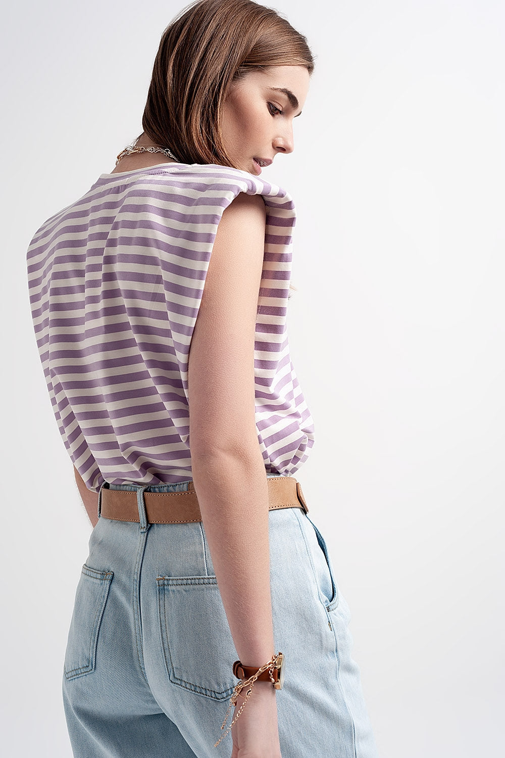 Sleeveless T-Shirt With Shoulder Pad in Purple Stripe