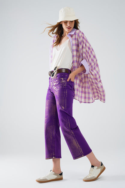 Purple Wide Leg Jeans With Metallic Finish in Gold