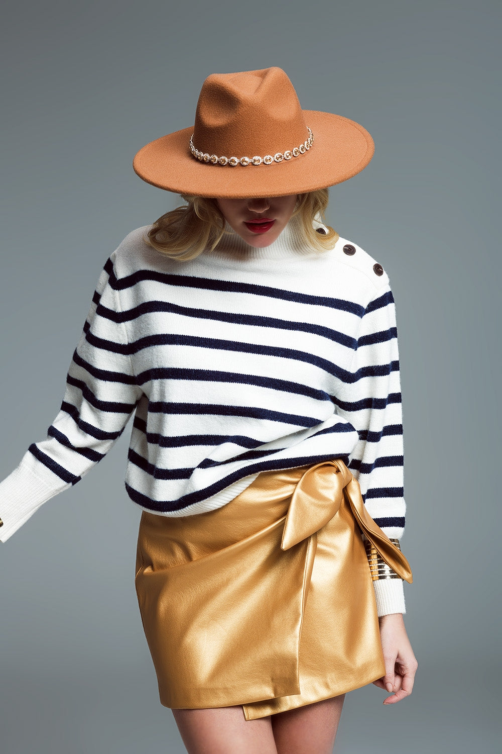 Marine Style Sweater With Turtle Neck and Button Detail