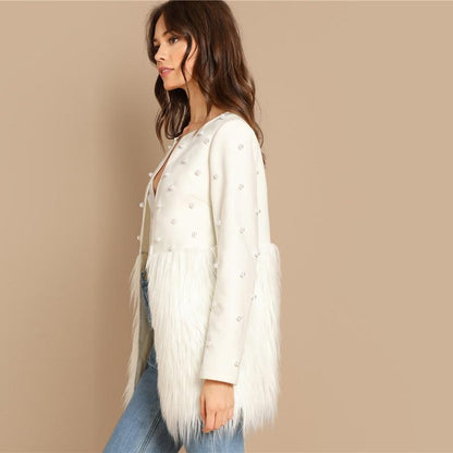 Solid Pearl Embellished Faux Fur Round Neck Jacket