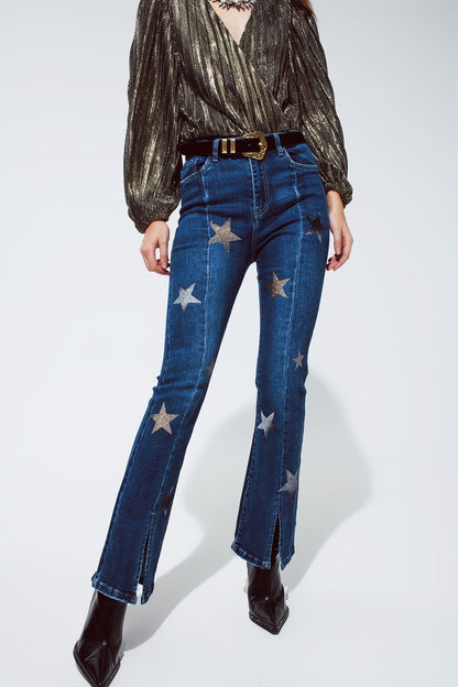 Flared Jeans With Shiny Stars Detail in Blue