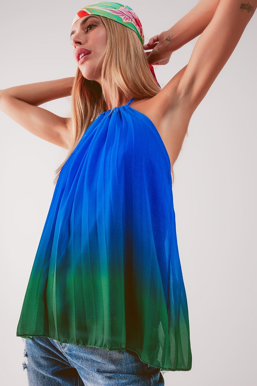 High Neck Pleat Top in Blue Ombre