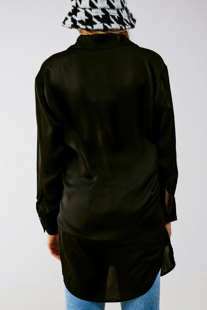 Long Sleeve Satin Button Front Shirt in Black