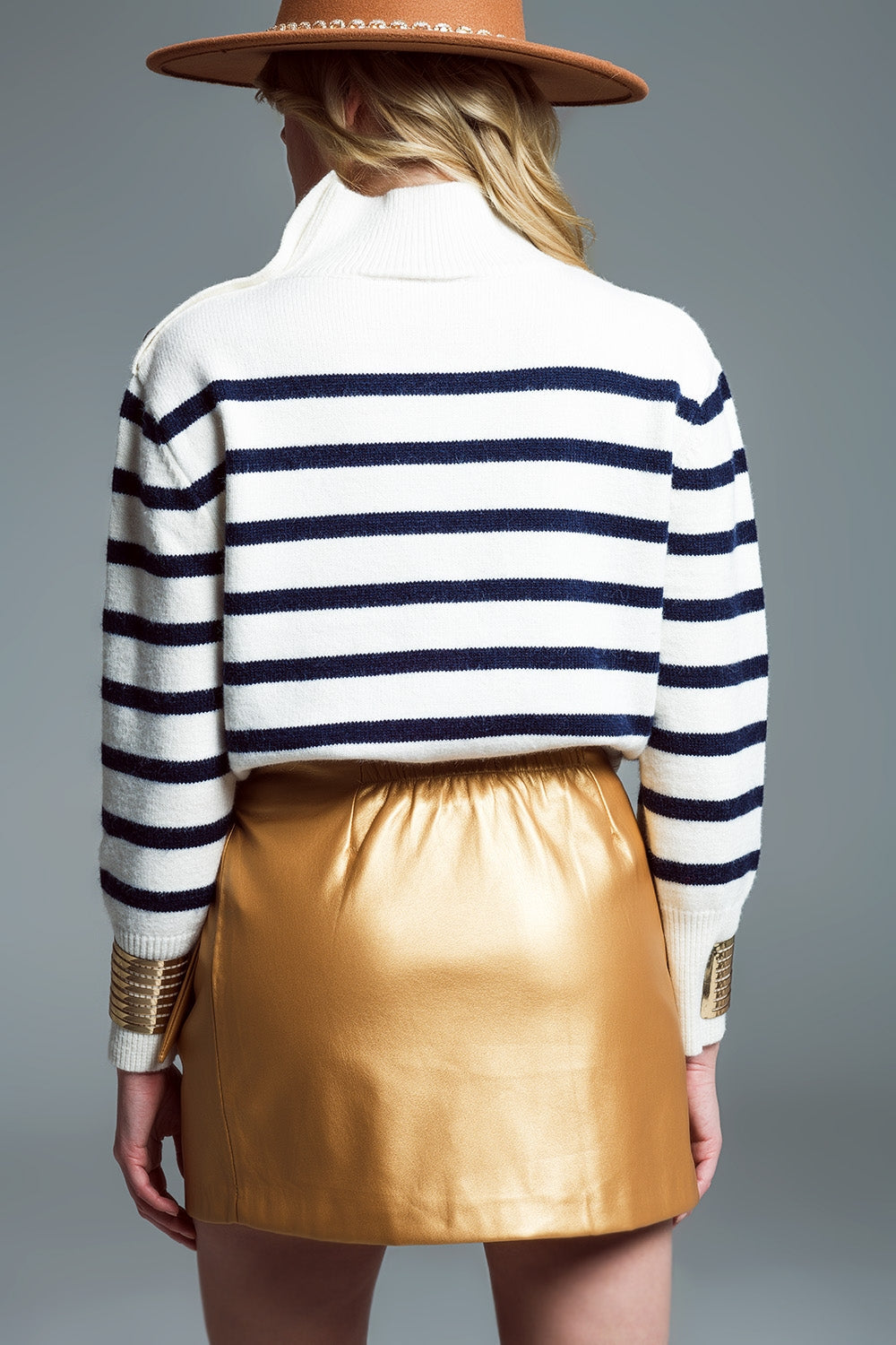 Marine Style Sweater With Turtle Neck and Button Detail