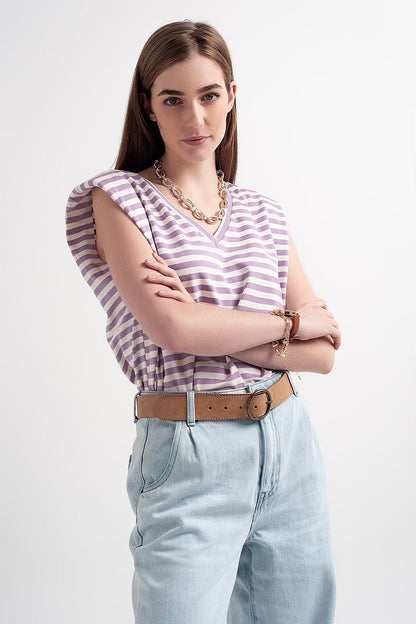 Sleeveless T-Shirt With Shoulder Pad in Purple Stripe