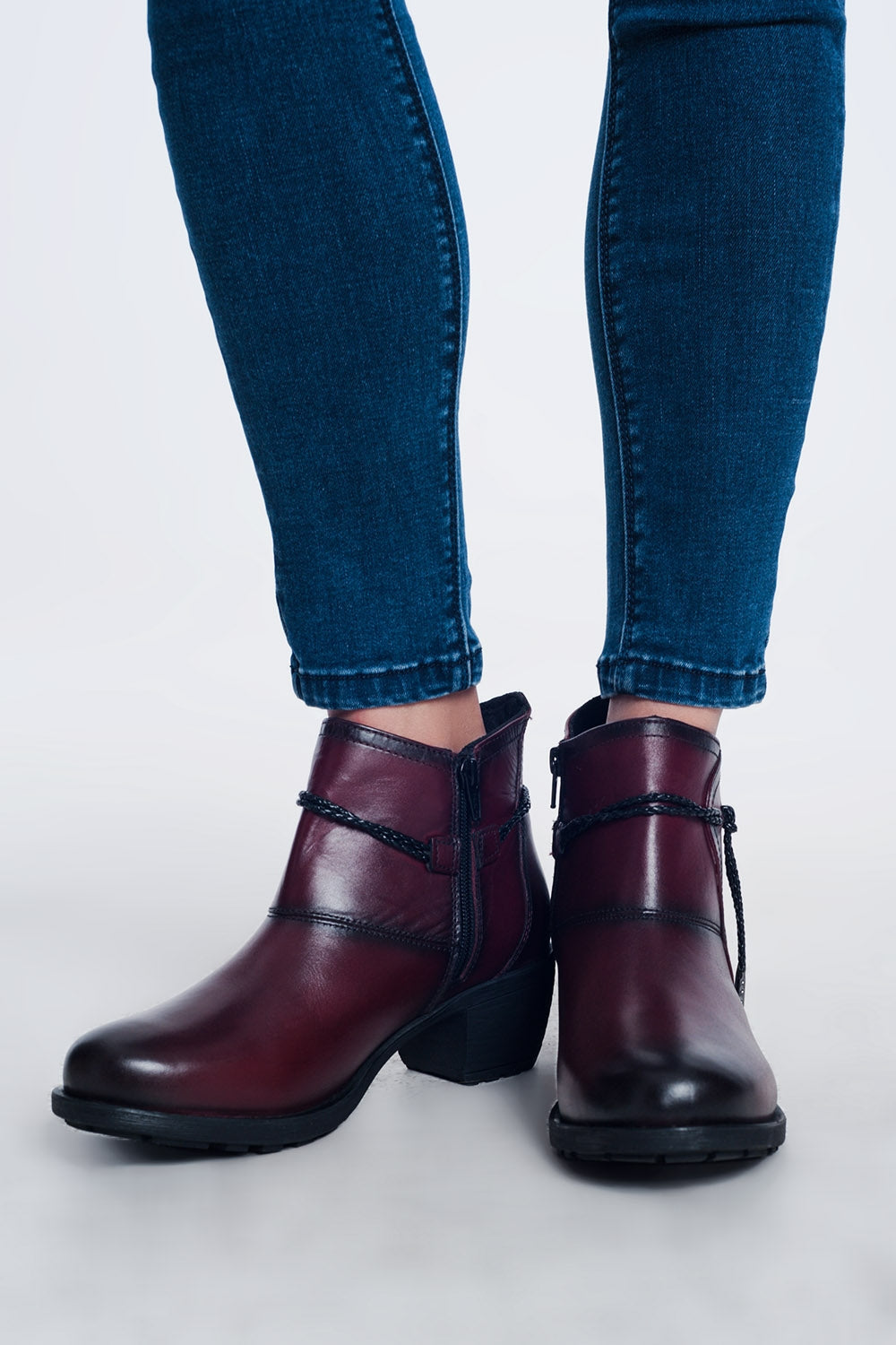 Maroon Blocked Mid Heeled Ankle Boots With Round Toe