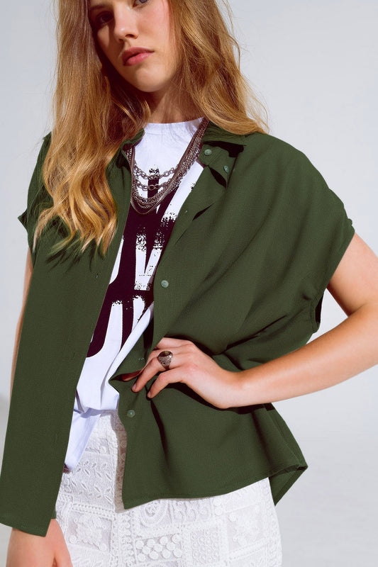 Khaki Button Up Blouse With Polo Collar