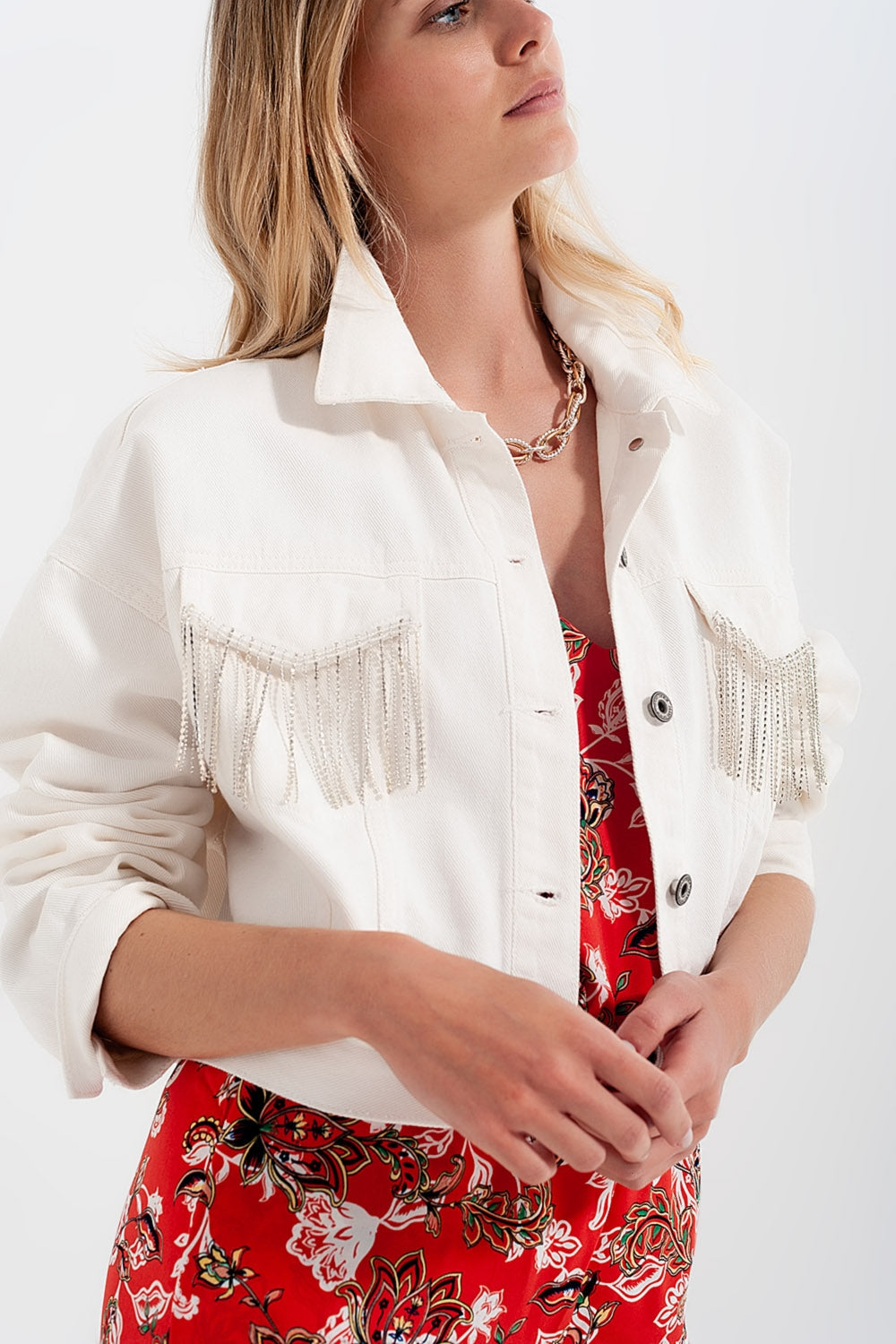 Denim Jacket With Diamante Fringing in White