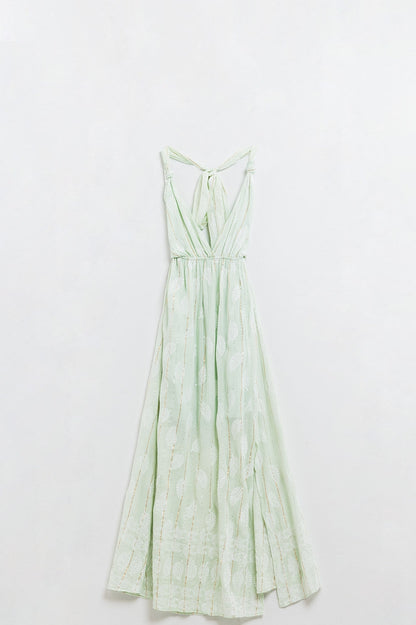 Midi Halter Dress in Mint Leaf Print With Lurex Details