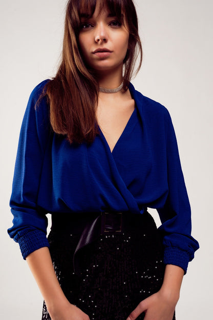 Long Sleeved Wrap Satin Blouse in Blue