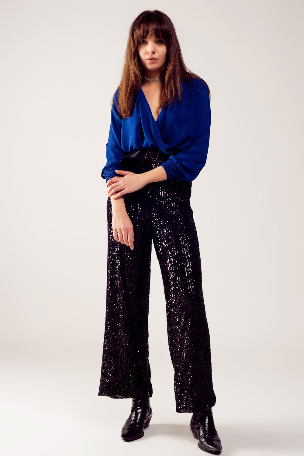 Long Sleeved Wrap Satin Blouse in Blue