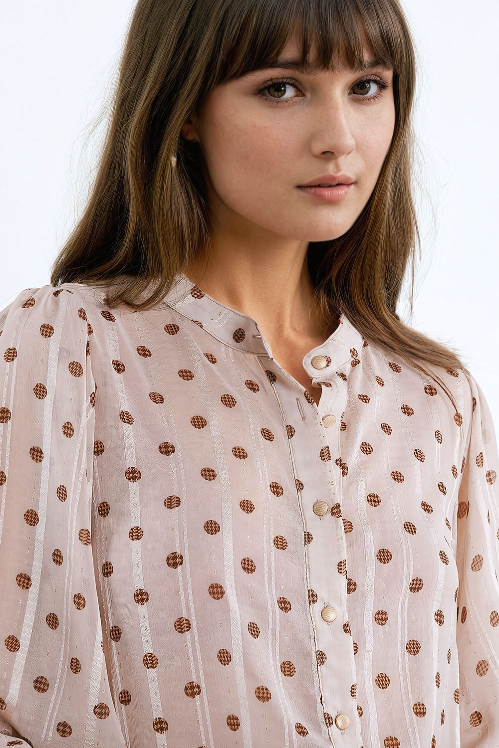 Blouse With Balloon Sleeves and Polka Dots in Beige