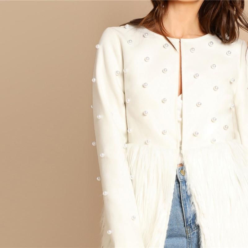 Solid Pearl Embellished Faux Fur Round Neck Jacket