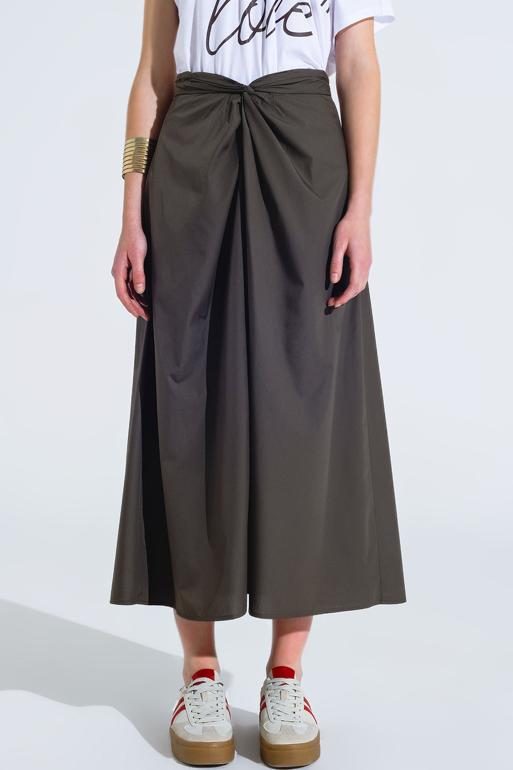 Maxi Khaki Poplin Skirt With Knot Detail at the Waist