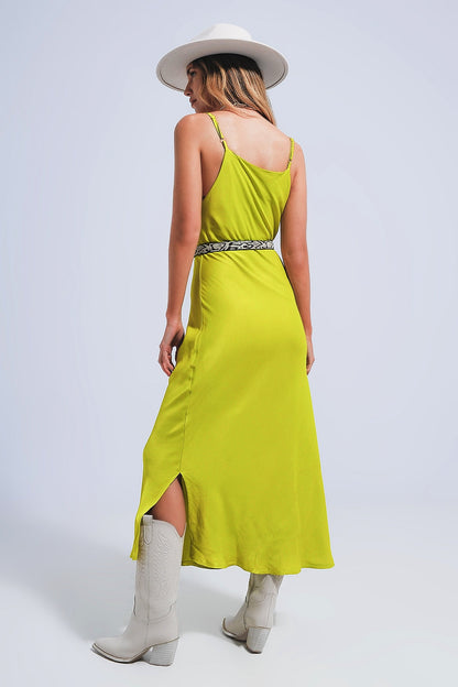 Satin Cami Strap Midi Slip Dress in Green