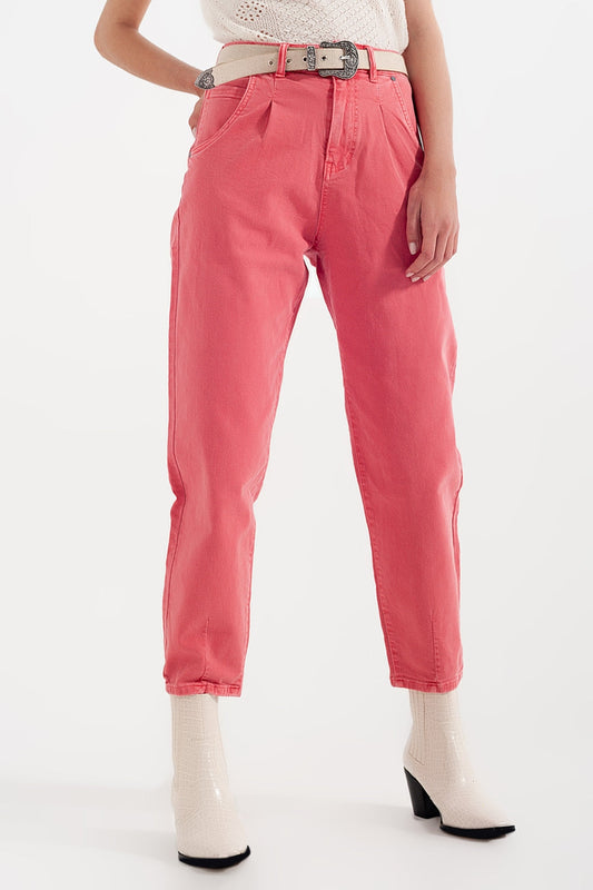 High Rise Mom Jeans With Pleat Front in Pink