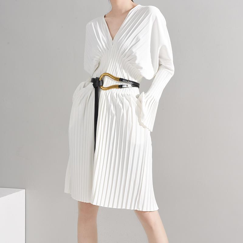 Sakiya Pleated Long Sleeve Shirt Dress - White