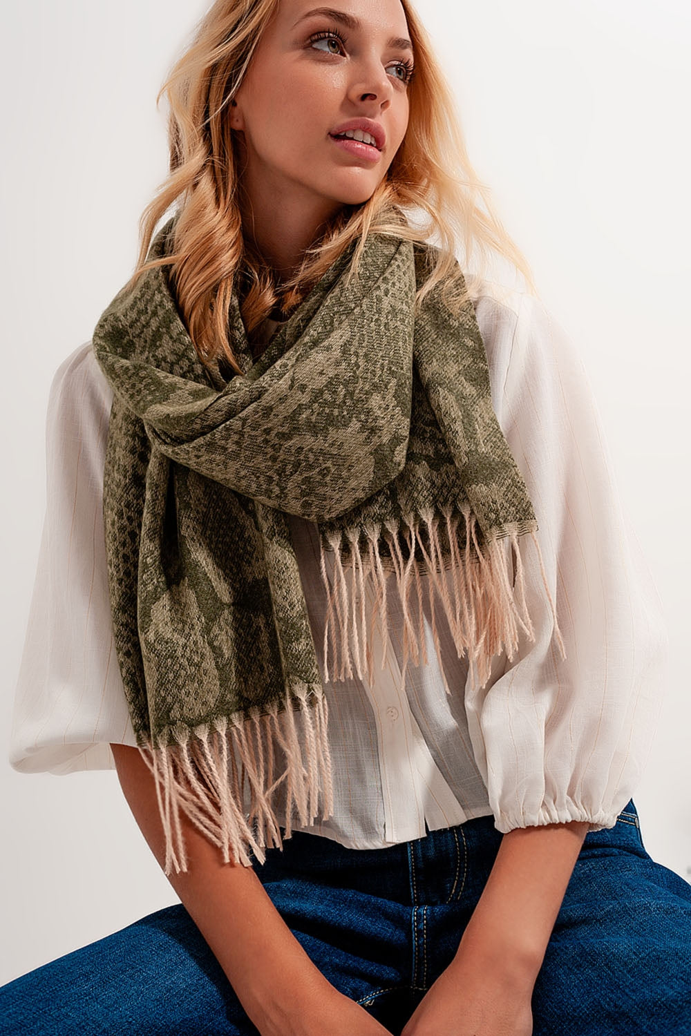 Green Snake Print Scarf With Bangs